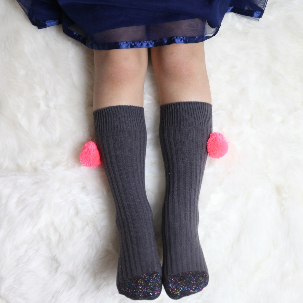 Girls Ribbed Pink Pom Pom Knee Socks Gray